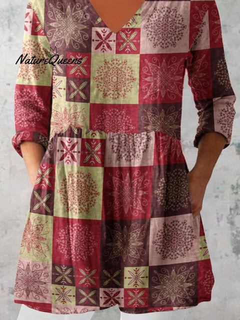 Women's Elegant Geometric Ethnic Print V-Neck Cotton and Linen Top