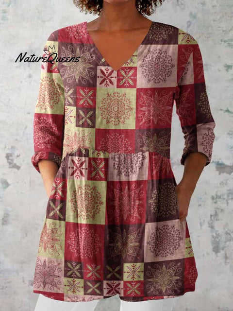 Women's Elegant Geometric Ethnic Print V-Neck Cotton and Linen Top