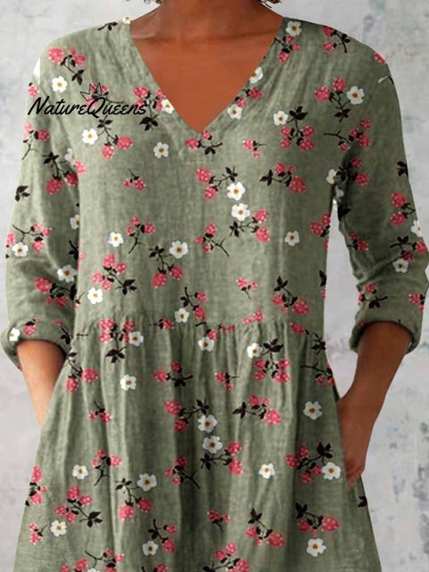 Women's Elegant Floral Print V-Neck Cotton and Linen Top