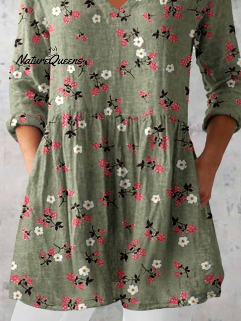 Women's Elegant Floral Print V-Neck Cotton and Linen Top