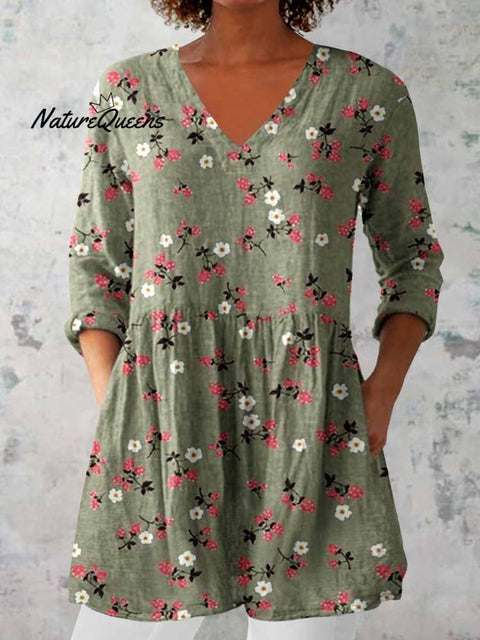 Women's Elegant Floral Print V-Neck Cotton and Linen Top