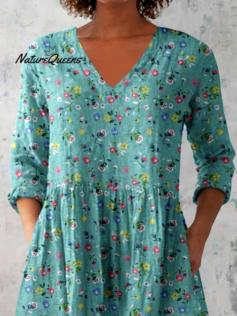 Women's Elegant Floral Print V-Neck Cotton and Linen Top