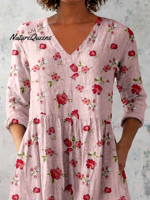 Women's Elegant Floral Print V-Neck Cotton and Linen Top