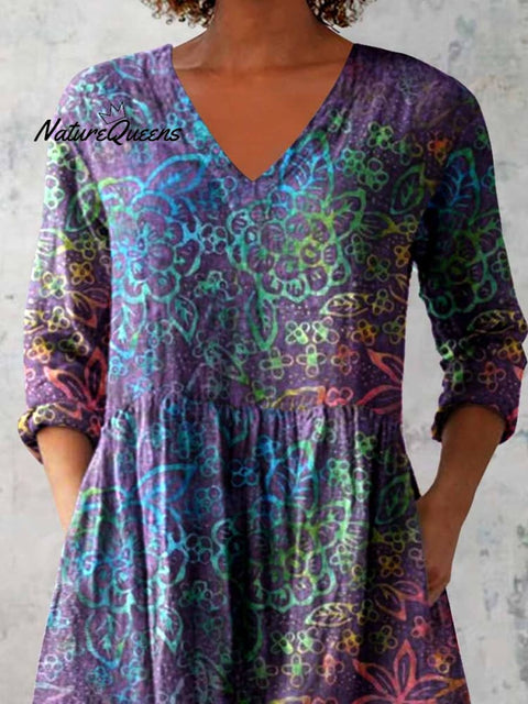 Women's Elegant Floral Print V-Neck Cotton and Linen Top