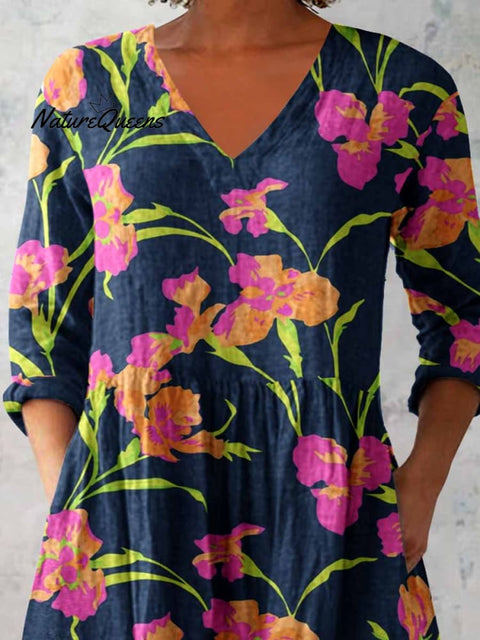 Women's Elegant Floral Print V-Neck Cotton and Linen Top