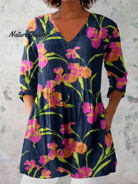 Women's Elegant Floral Print V-Neck Cotton and Linen Top