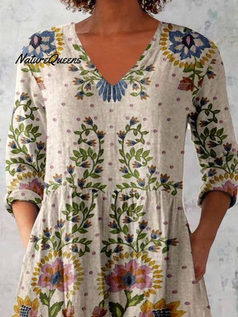 Women's Elegant Floral Print V-Neck Cotton and Linen Top