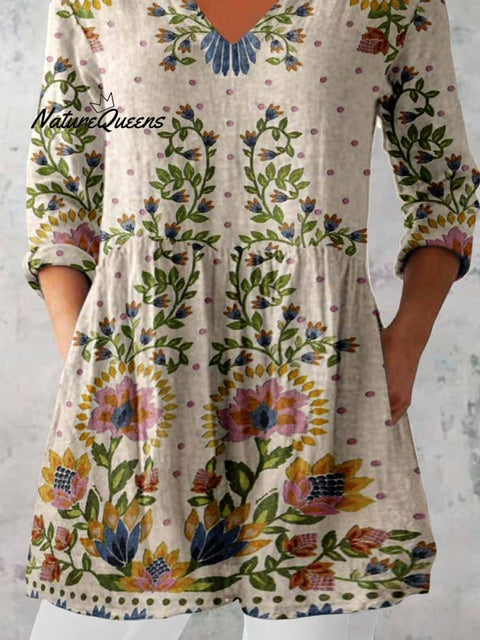 Women's Elegant Floral Print V-Neck Cotton and Linen Top