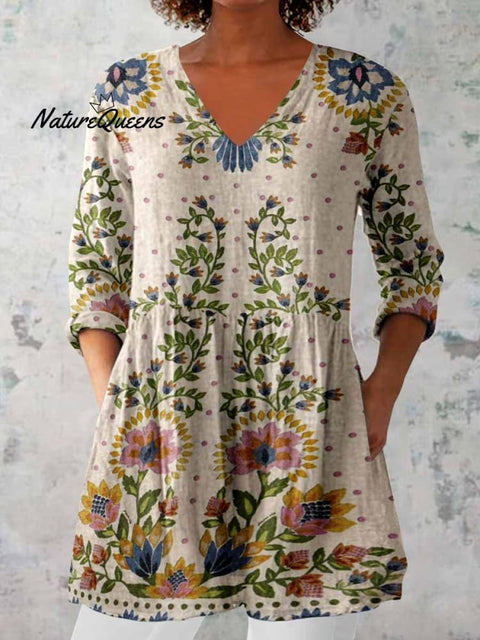 Women's Elegant Floral Print V-Neck Cotton and Linen Top