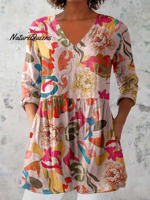 Women's Elegant Floral Print V-Neck Cotton and Linen Top