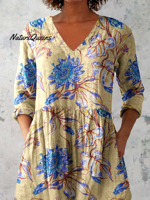 Women's Elegant Floral Print V-Neck Cotton and Linen Top