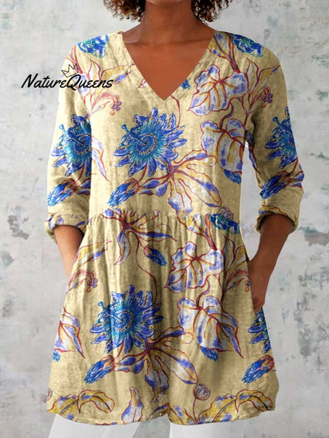 Women's Elegant Floral Print V-Neck Cotton and Linen Top