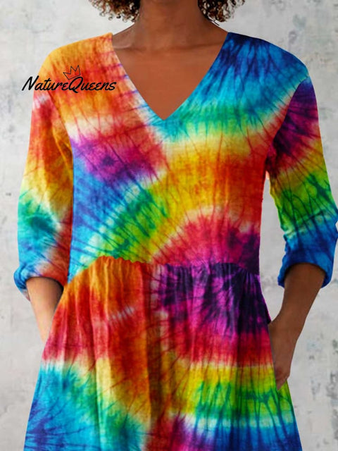 Women's Colorful Tie Dye Printed V Neck Cotton and Linen Top