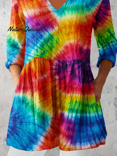 Women's Colorful Tie Dye Printed V Neck Cotton and Linen Top