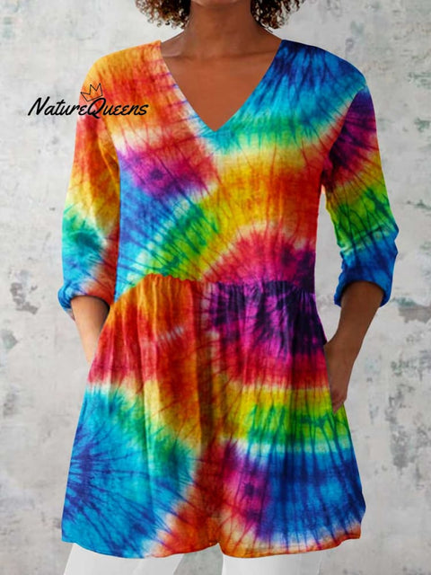 Women's Colorful Tie Dye Printed V Neck Cotton and Linen Top