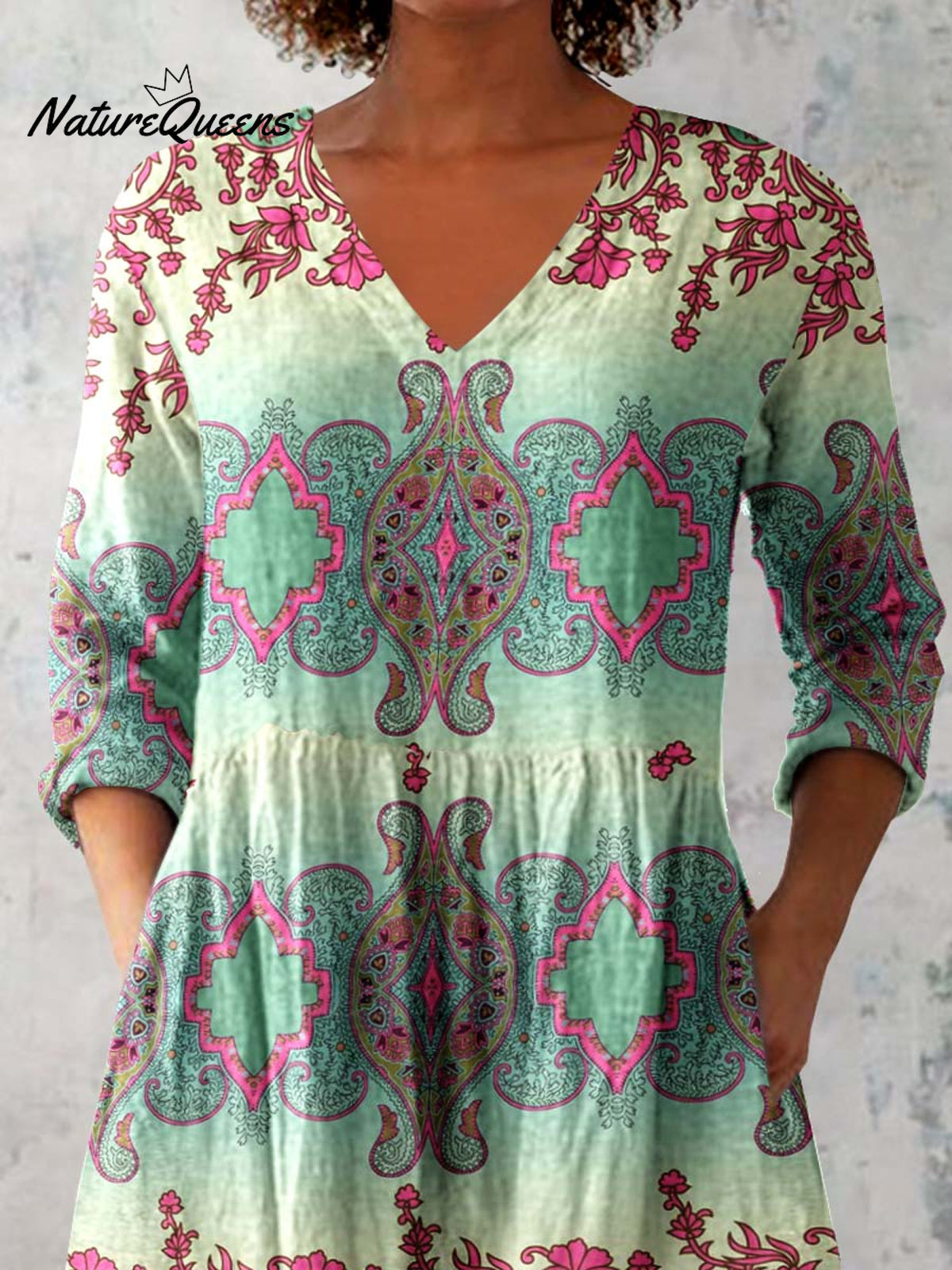 Women's Ethnic Geometric Print V-neck Cotton and Linen Top