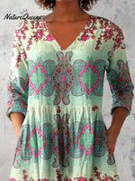 Women's Ethnic Geometric Print V-neck Cotton and Linen Top