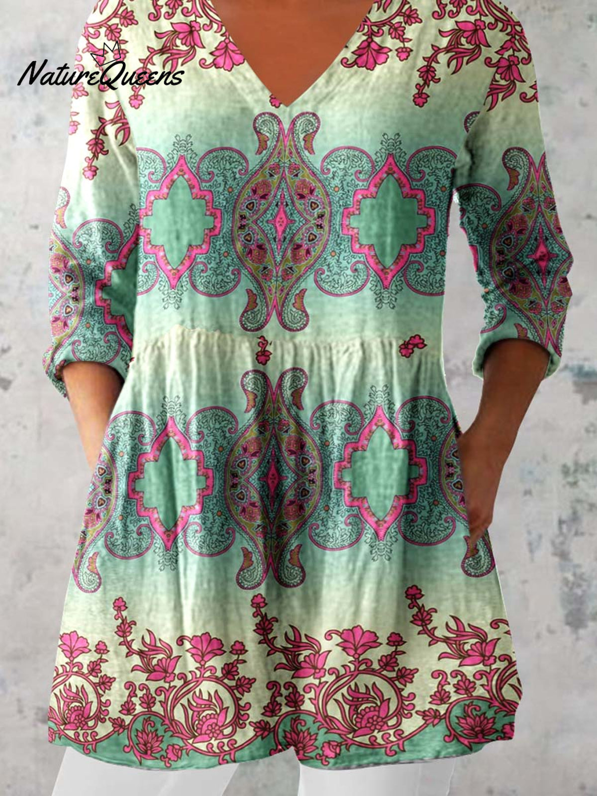 Women's Ethnic Geometric Print V-neck Cotton and Linen Top