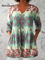 Women's Ethnic Geometric Print V-neck Cotton and Linen Top