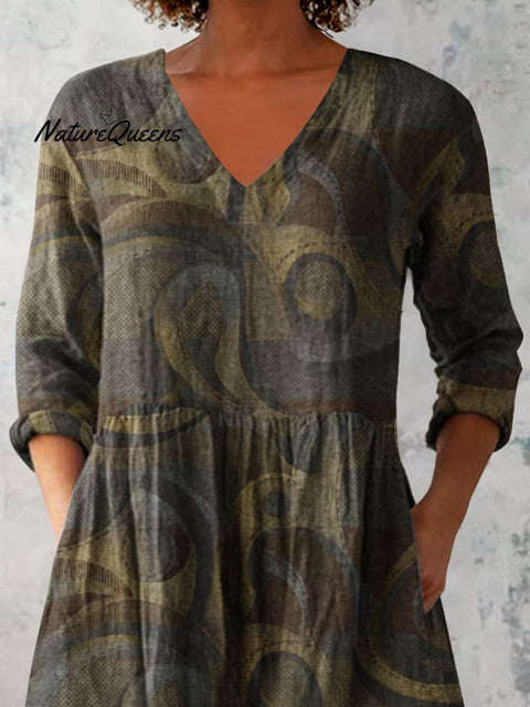 Women's Elegant Floral Print V-Neck Cotton and Linen Top