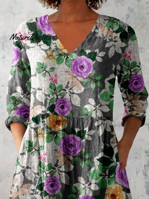 Women's Elegant Floral Print V-Neck Cotton and Linen Top