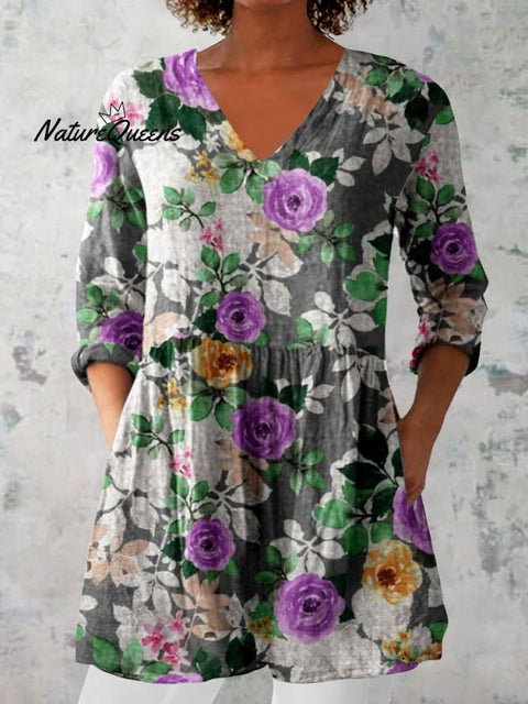 Women's Elegant Floral Print V-Neck Cotton and Linen Top