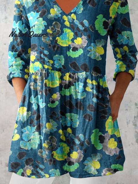 Women's Elegant Floral Pattern Cotton and Linen Top