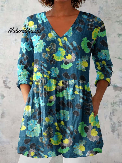 Women's Elegant Floral Pattern Cotton and Linen Top