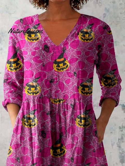 Women's Halloween Ghost Pattern  Print V-Neck Cotton and Linen Top