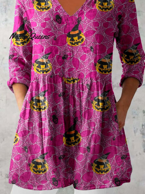 Women's Halloween Ghost Pattern  Print V-Neck Cotton and Linen Top