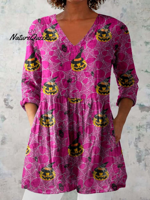 Women's Halloween Ghost Pattern  Print V-Neck Cotton and Linen Top