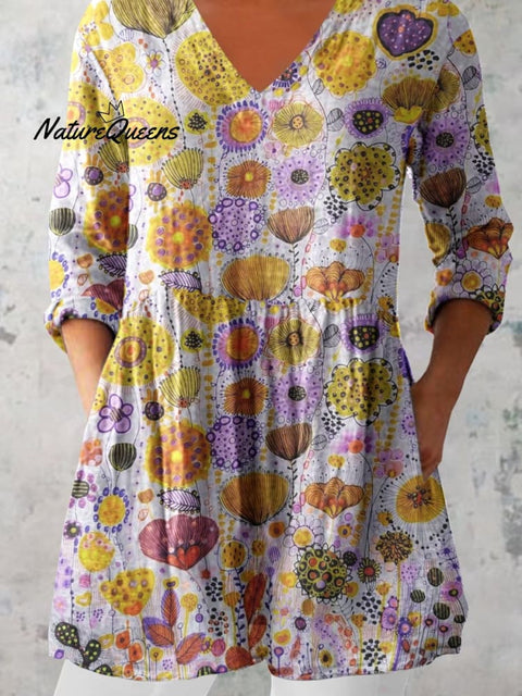 Women's Elegant Floral Pattern Cotton and Linen Top