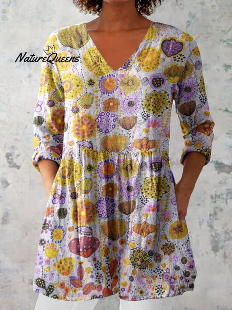 Women's Elegant Floral Pattern Cotton and Linen Top