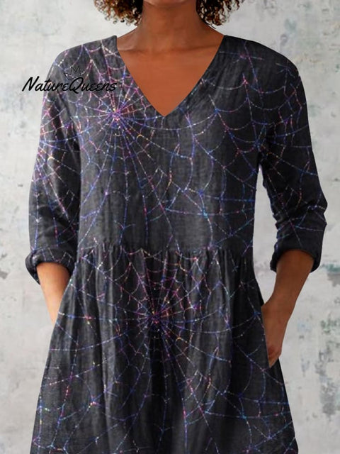 Women's Halloween Spider Web Pattern Print V-Neck Cotton and Linen Top