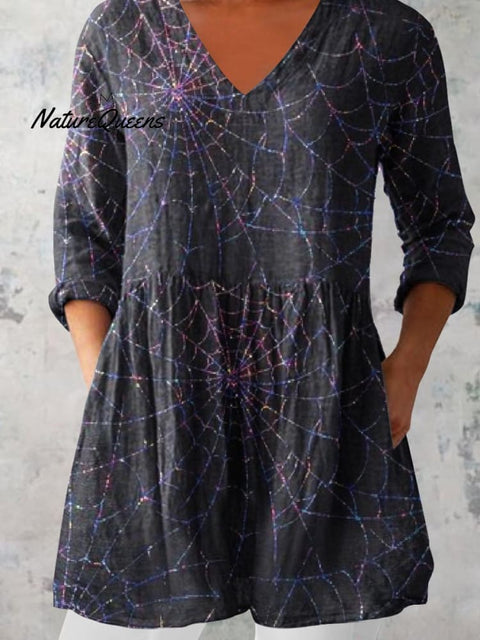 Women's Halloween Spider Web Pattern Print V-Neck Cotton and Linen Top