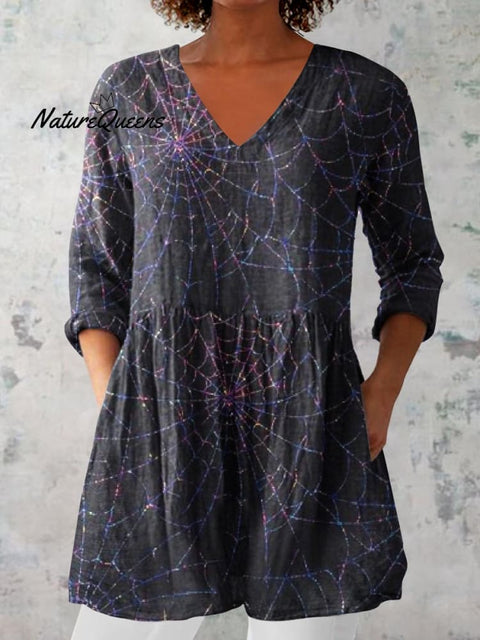 Women's Halloween Spider Web Pattern Print V-Neck Cotton and Linen Top