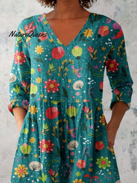 Women's Elegant Floral Pattern Cotton and Linen Top