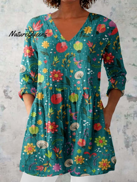 Women's Elegant Floral Pattern Cotton and Linen Top