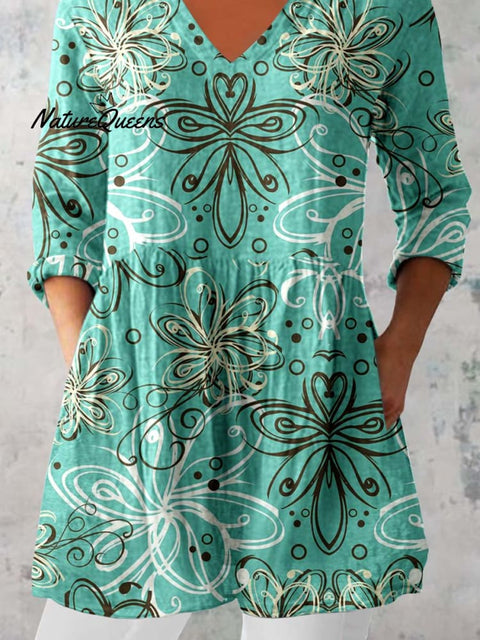 Women's Elegant Floral Pattern Cotton and Linen Top