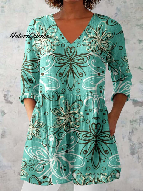 Women's Elegant Floral Pattern Cotton and Linen Top