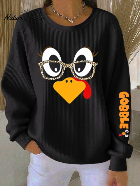 Women's Retro Thanksgiving GOBBLE Print Round Neck Sweatshirt