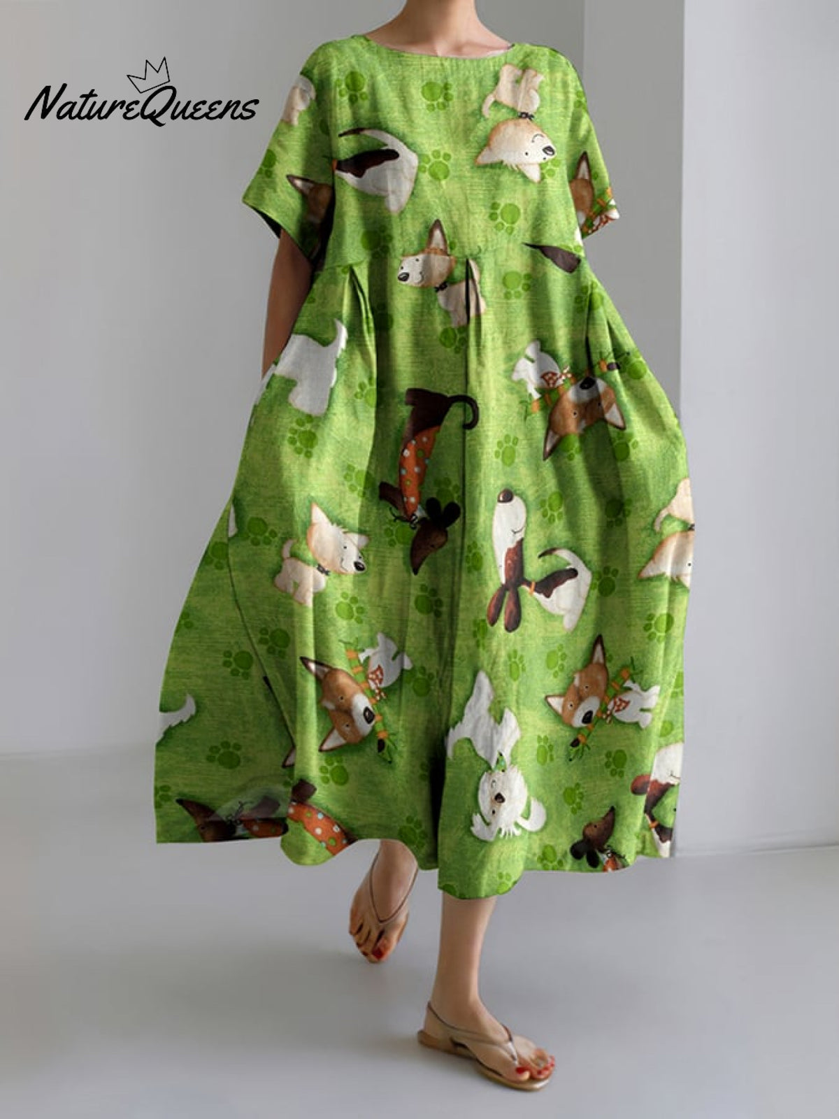 Women'S Funny Dog Print Short Sleeve Linen Blend Midi Dress