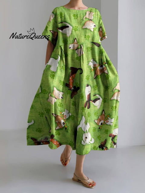 Women'S Funny Dog Print Short Sleeve Linen Blend Midi Dress