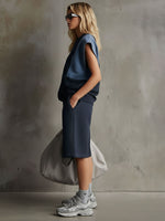 Casual Retro Denim Patchwork Navy Blue Short-sleeved Sweatshirt And Shorts Set