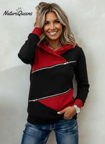 Women's Casual Loose Paneled Color-Block Zipper Hooded Sweatshirt