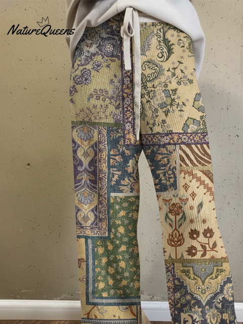 Women's Boho Floral Stitching Printed Knitted Stretch Straight Pants