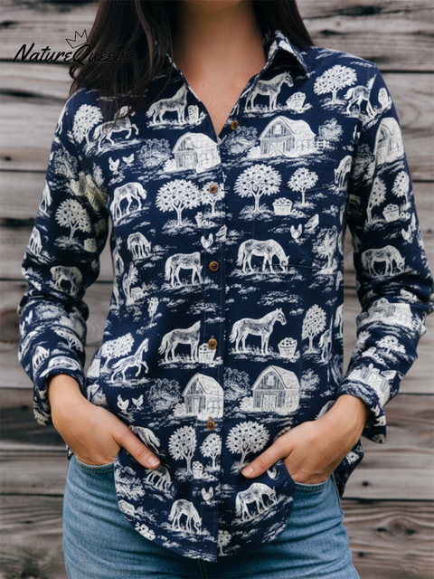Women's Fun Retro Farm Print Lapel Cotton Shirt Top