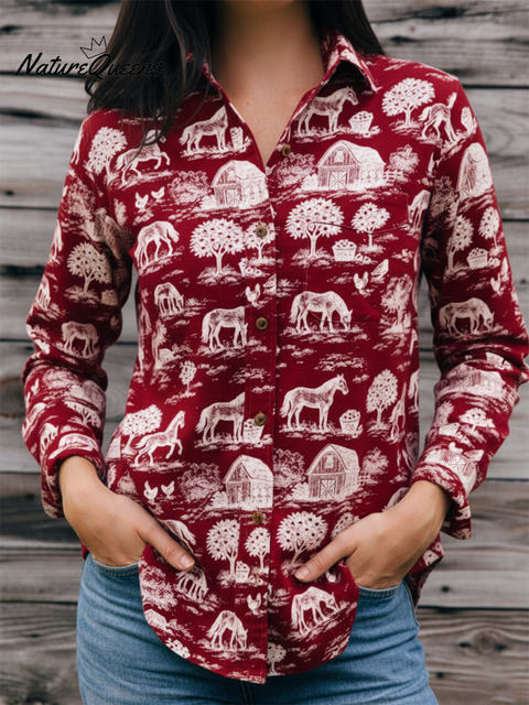 Women's Fun Retro Farm Print Lapel Cotton Shirt Top