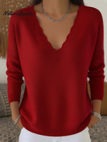Women's Elegant Wavy Edge V-Neck Sweater Top