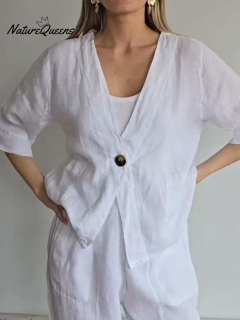 Women's Loose V-neck Button-down Linen Cardigan Top